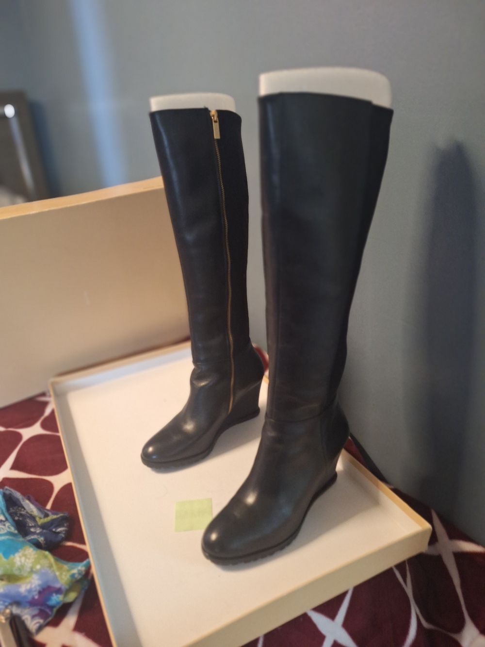 Michael Kors Black Leather Over-The-Knee Boots with Gold Zip Detail